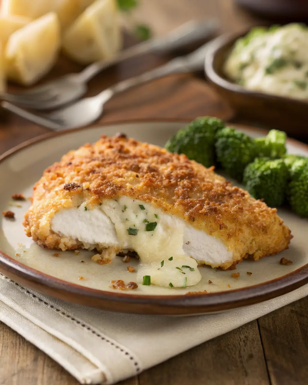 Golden Parmesan-crusted chicken breast sliced open with melted cheese oozing out, served with broccoli.
