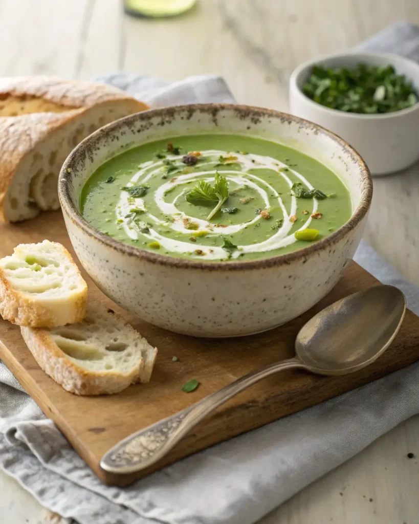 A bowl of creamy green salad soup garnished with herbs and cream beside crusty bread.