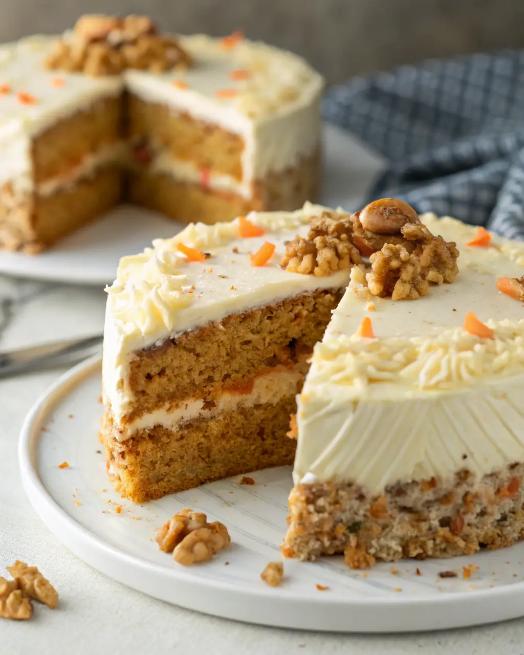 Prize-winning carrot cake with cream cheese frosting and walnuts