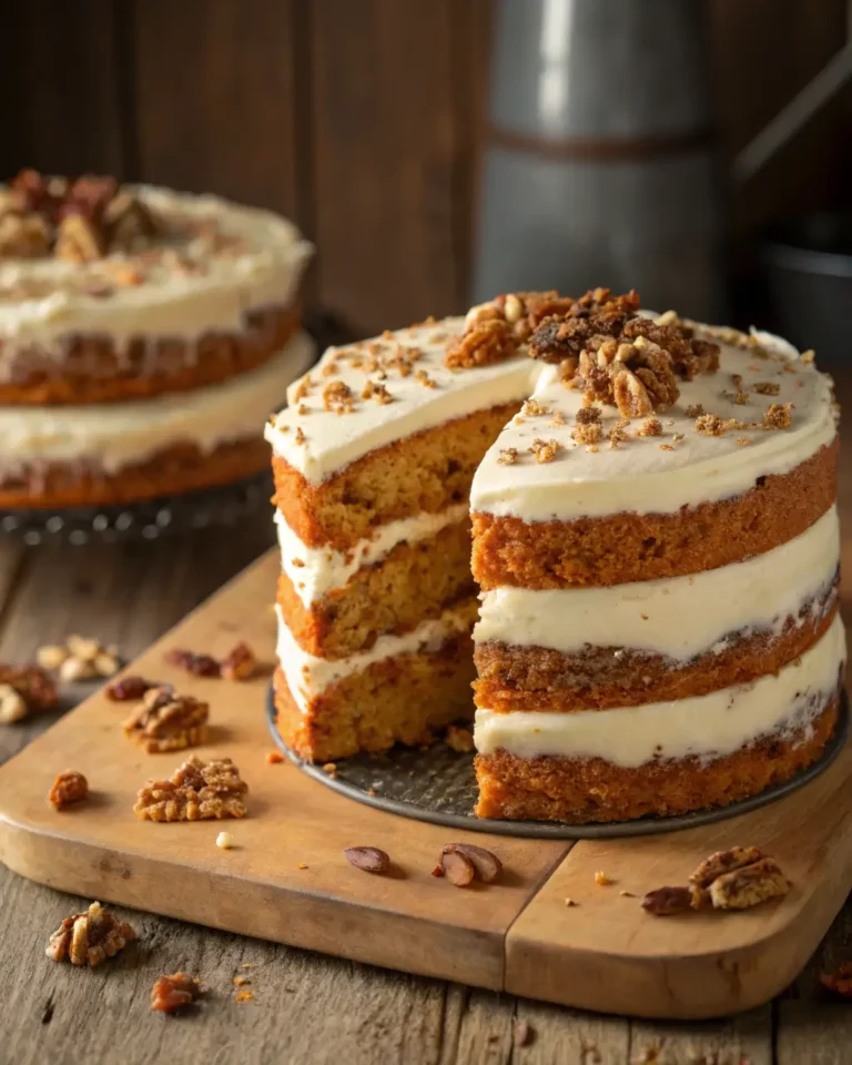 Moist three-layer carrot cake with cream cheese frosting and toasted walnuts on rustic wooden board.