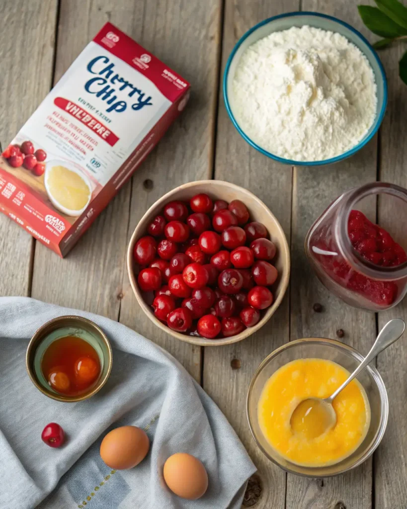Flat lay of cherry chip cake ingredients including eggs, cherries, flour, and cake mix box.