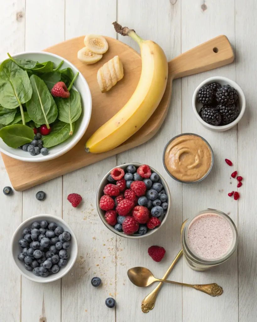 Smoothie ingredients including banana, spinach, berries, and peanut butter arranged on a table.