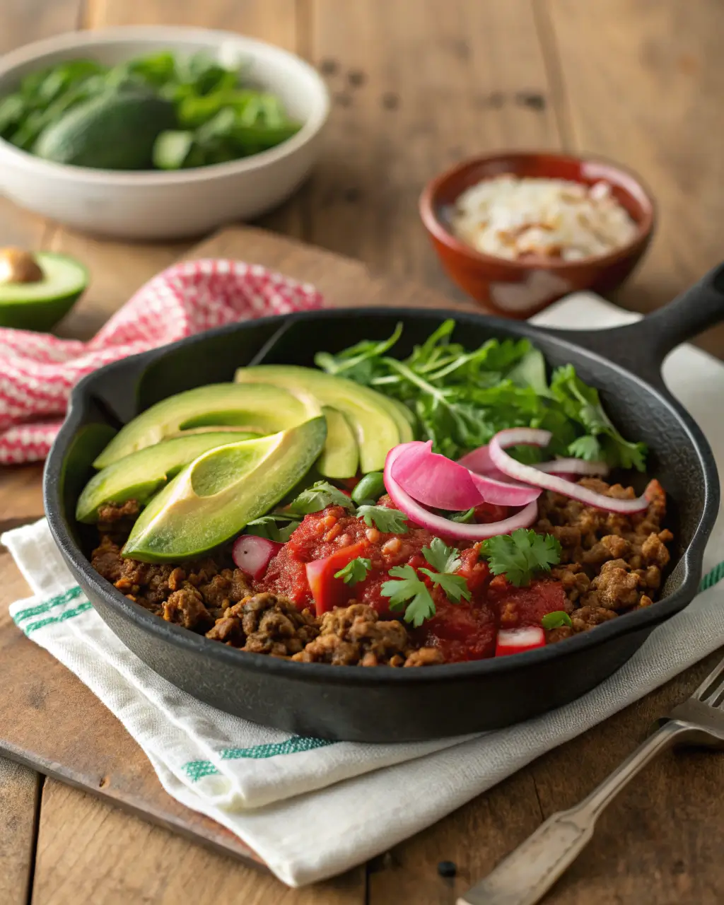 Cast iron skillet with seasoned ground meat, avocado slices, salsa, and fresh greens.