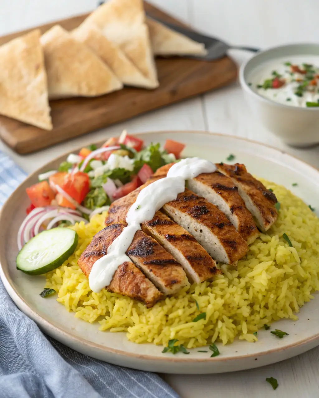 Sliced grilled chicken over yellow rice with salad and white sauce drizzle.