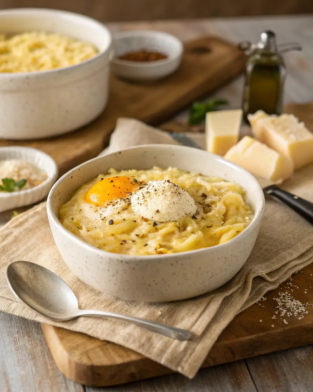 Creamy pastina topped with a sunny egg yolk and cracked black pepper in a bowl.