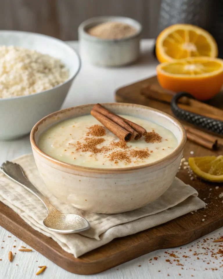 Creamy arroz con leche topped with cinnamon sticks and powder, surrounded by fresh ingredients.