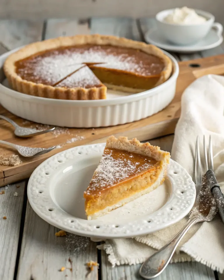 Slice of golden sugar pie dusted with powdered sugar on a white plate.