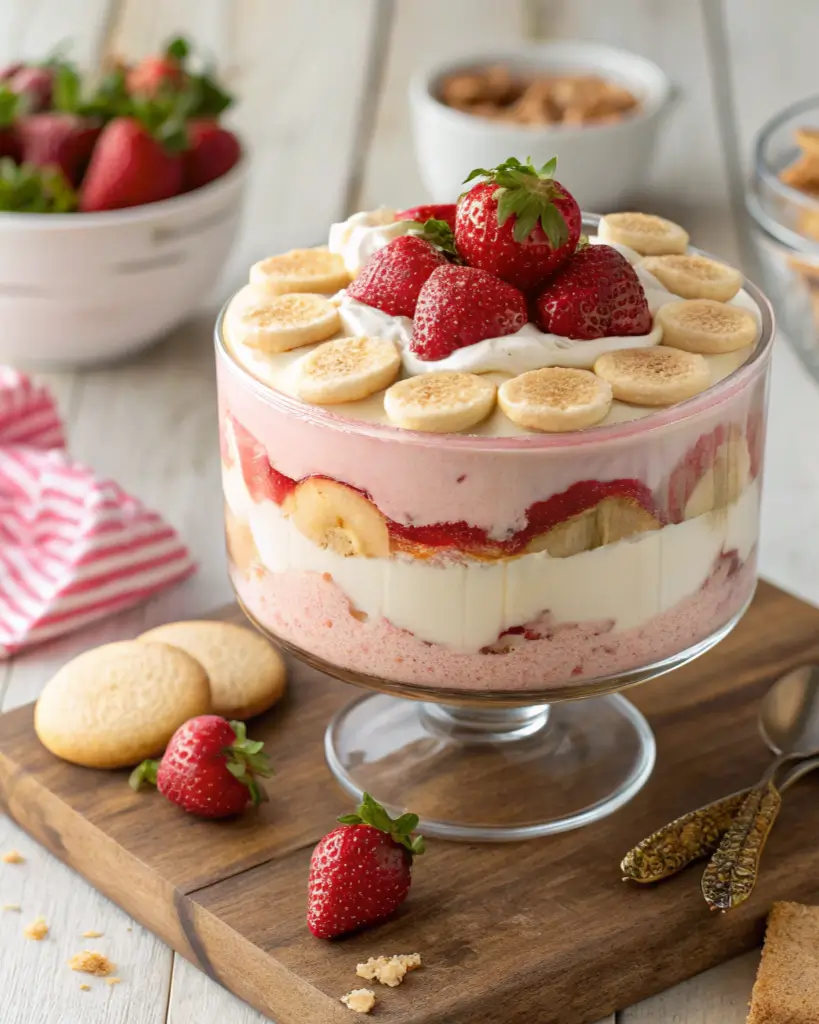 Layered strawberry banana pudding topped with fresh fruit and cookies in a glass trifle dish.