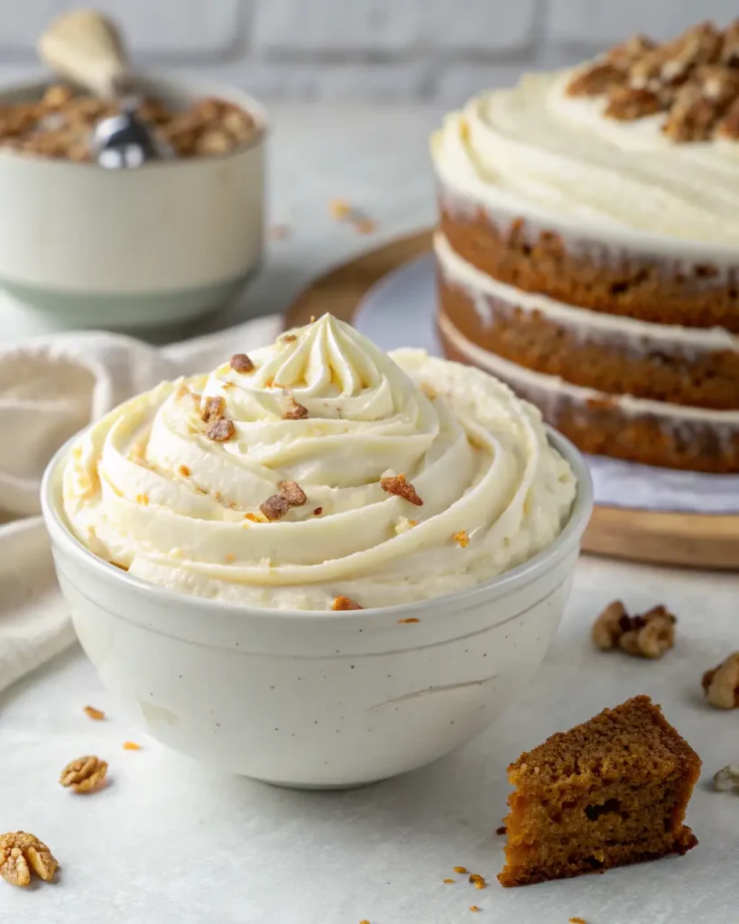 Swirled cream cheese frosting in a bowl with carrot cake and walnuts in the background.