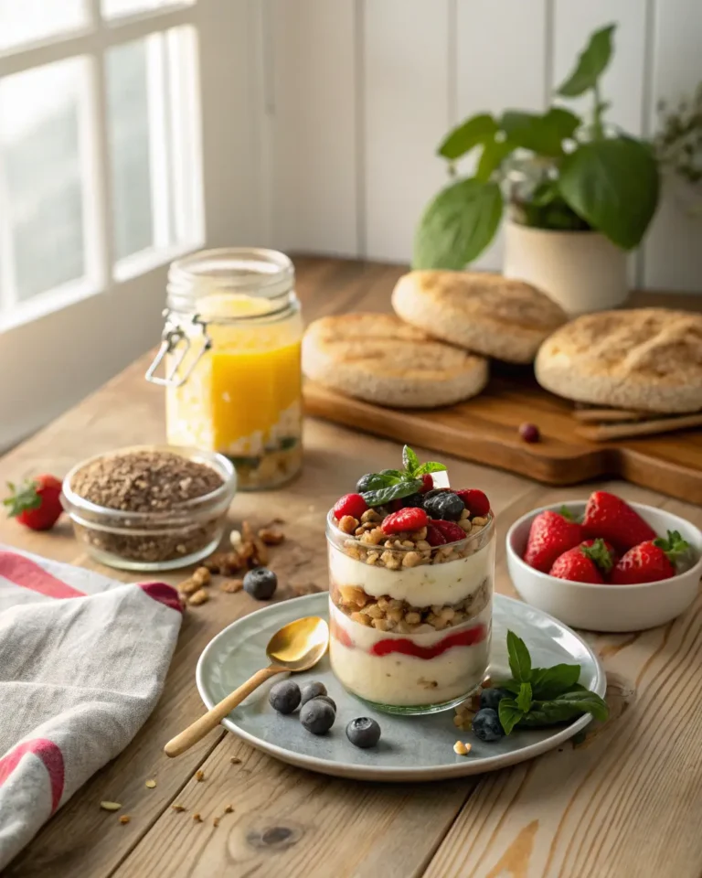 Layered parfait with granola and berries served with juice and breakfast bread.