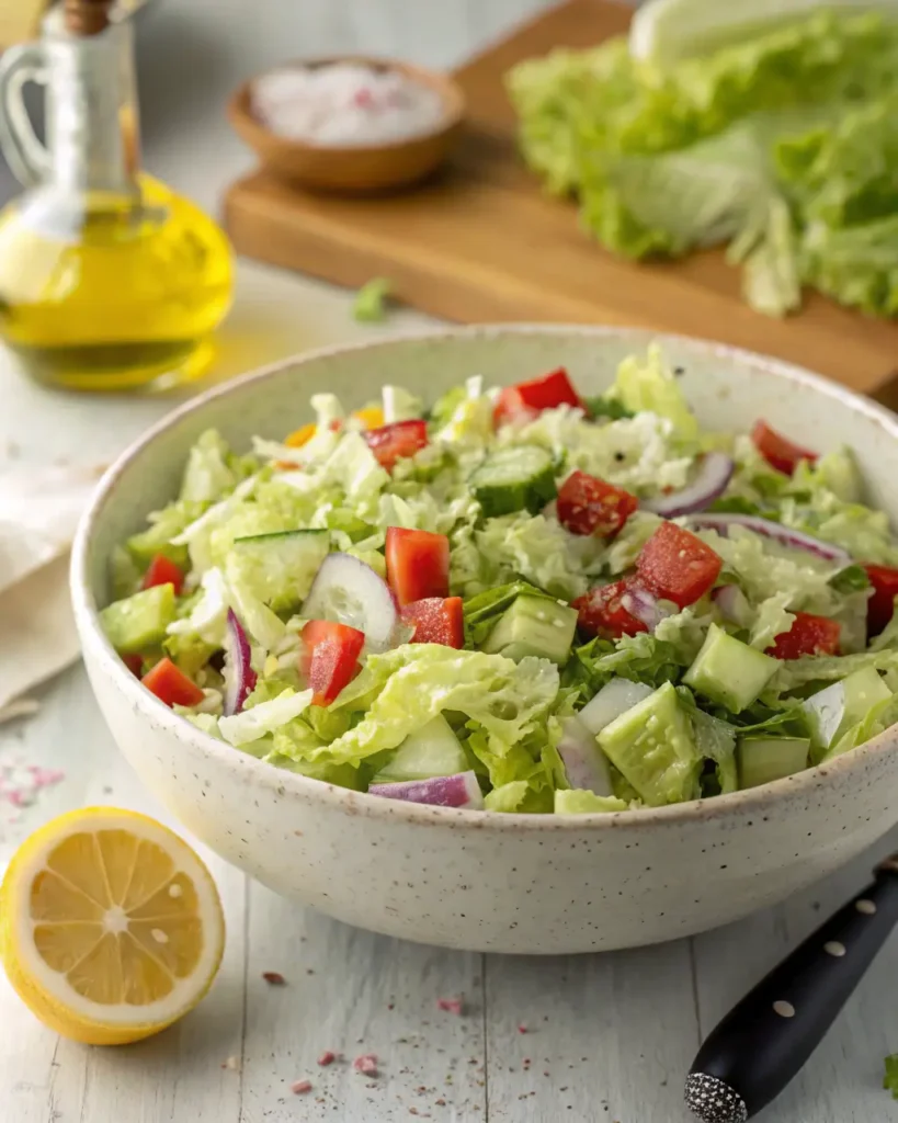 Fresh chopped salad with lettuce, cucumber, tomato, and onion in a ceramic bowl.