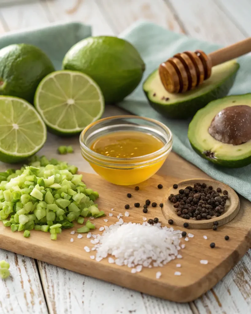 Honey, fresh lime halves, chopped celery, sea salt, black peppercorns, and avocado on a wooden board.