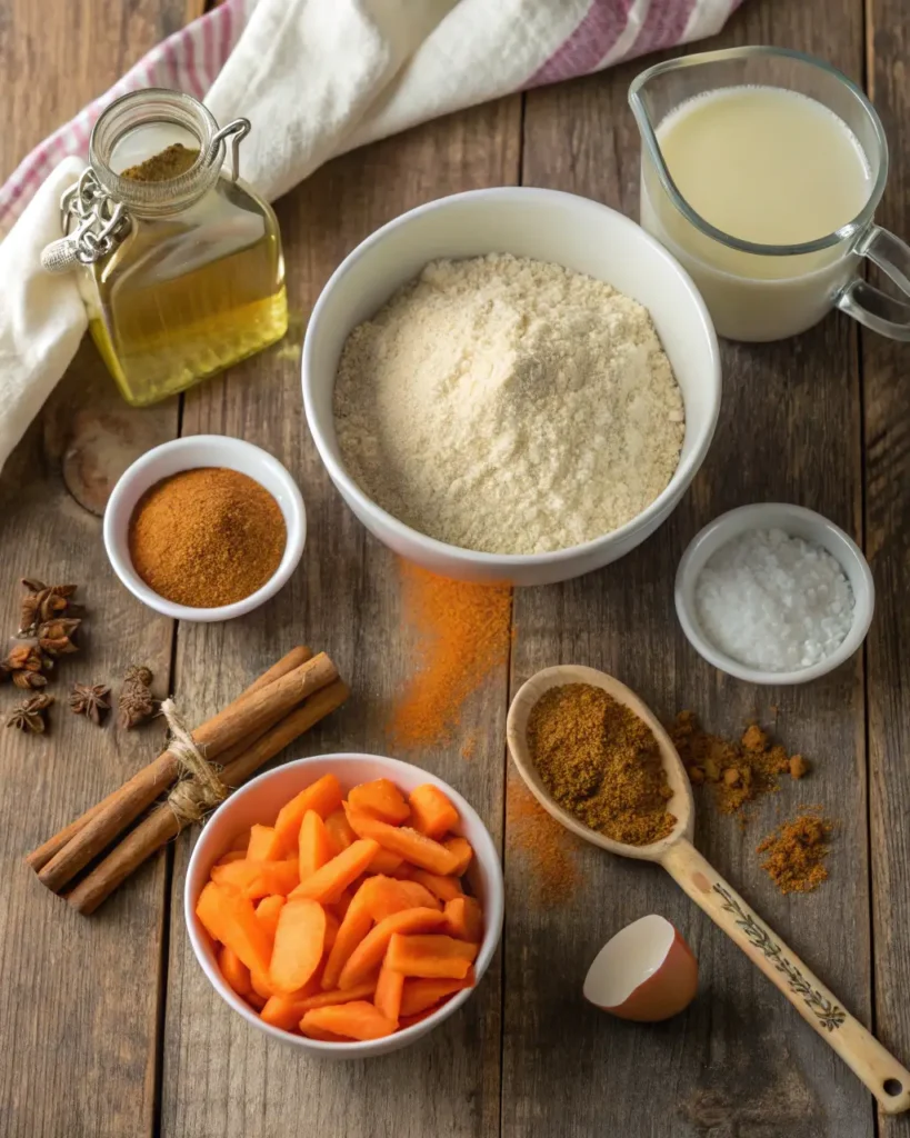 Carrot cake ingredients including chopped carrots, flour, oil, milk, spices, cinnamon sticks, and an eggshell on a wooden table.