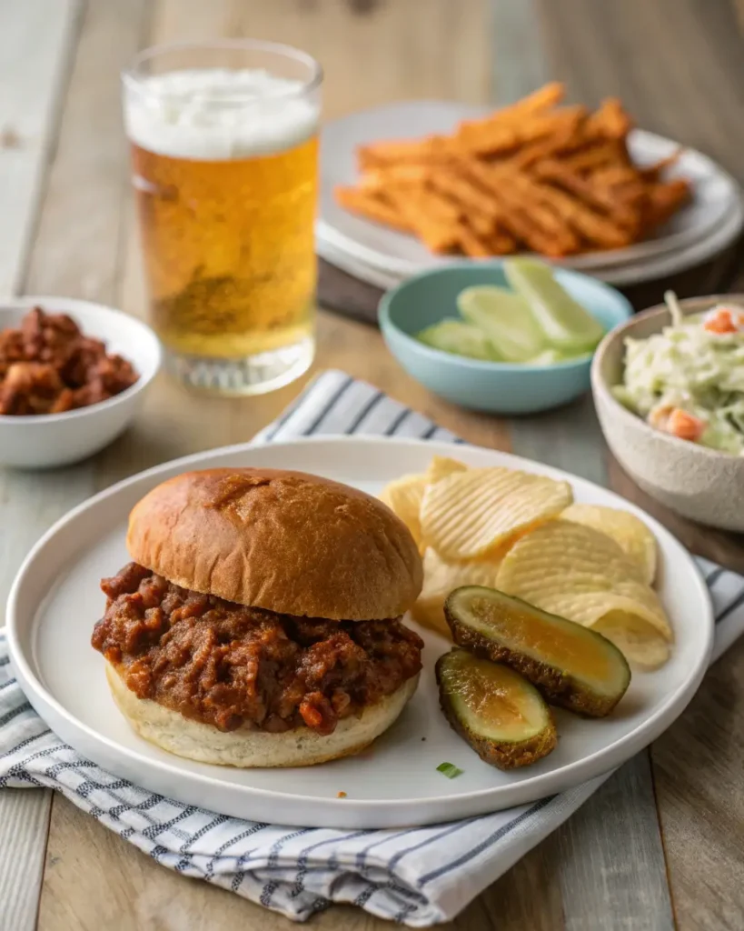 Sloppy joe sandwich served with chips, pickles, coleslaw, and beer on a table.