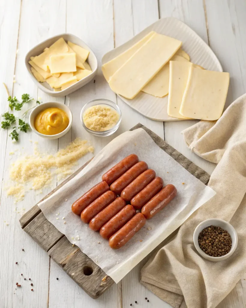 Uncooked little smokies with cheese slices and seasonings on a wooden board.