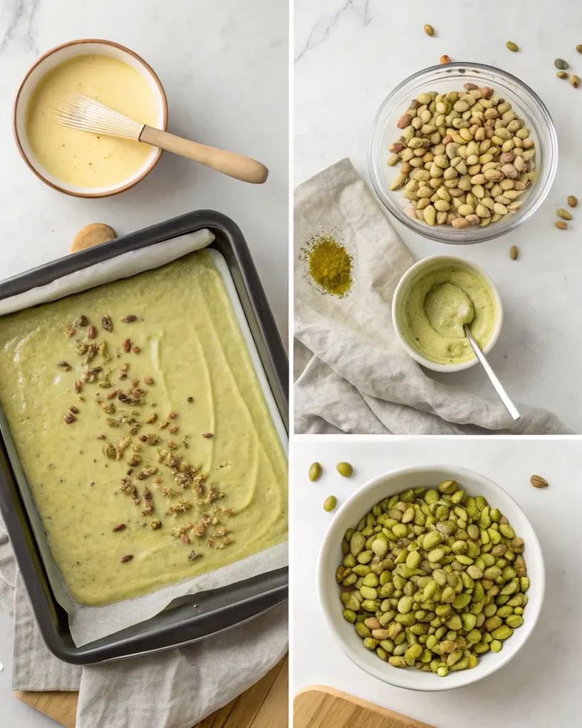 Three images showing pistachio cream prep: blending, seasoning, and a pan of the finished mixture.