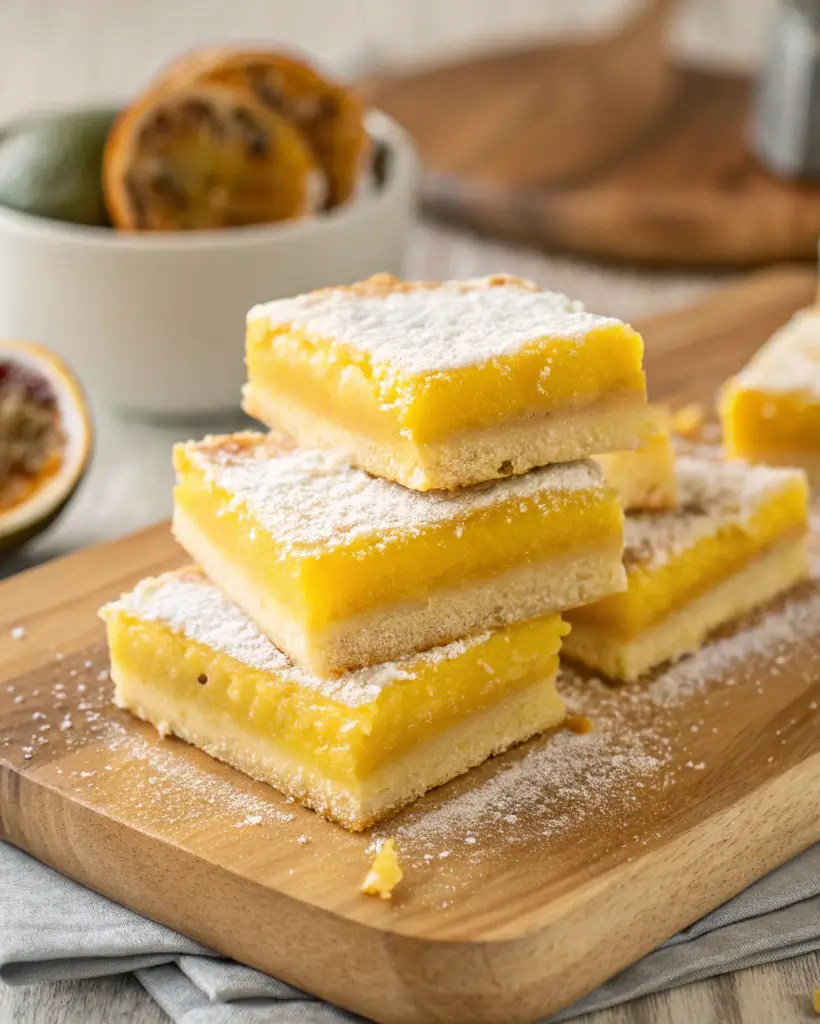 Stacked passion fruit bars dusted with powdered sugar on a wooden board.