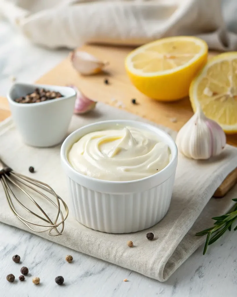 Creamy white sauce in a ramekin surrounded by lemon, garlic, pepper, and a whisk.