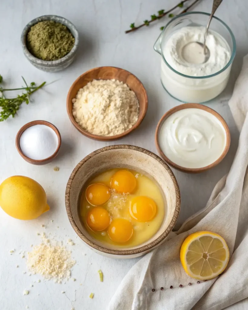 Lemon cloud cake ingredients including eggs, yogurt, and lemon arranged on a white surface.