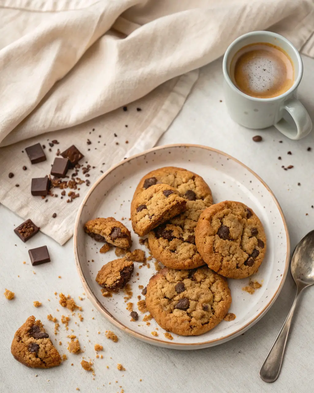 Golden crumble chocolate chip cookies on a plate beside a cup of espresso.