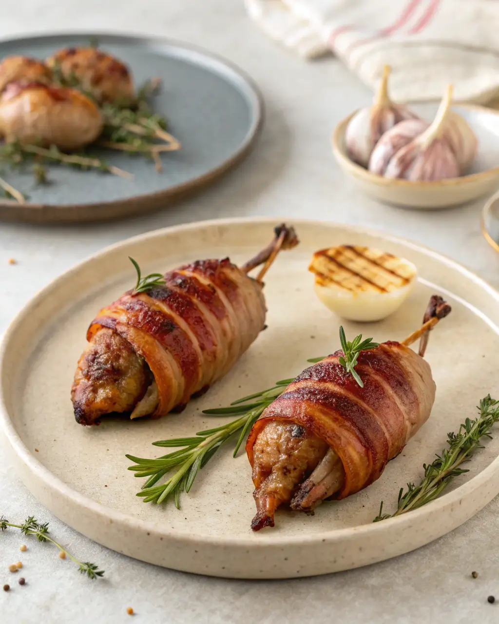 Two bacon-wrapped quail breasts served on a plate with herbs and grilled onion.