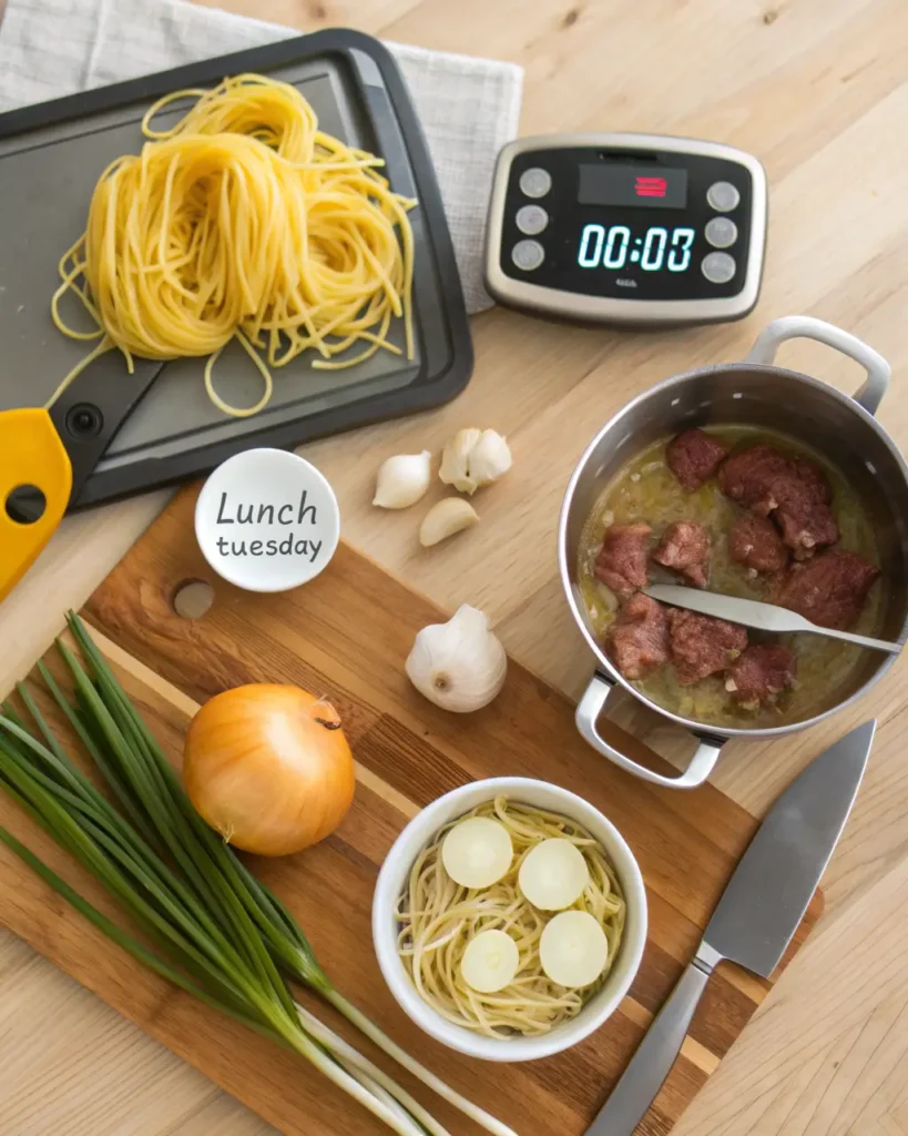Uncooked pasta, beef, garlic, and onions arranged on a kitchen prep board.