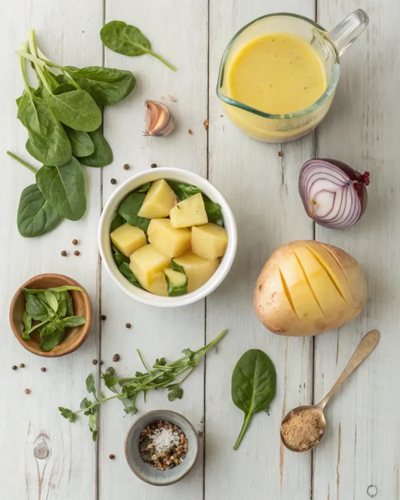 Fresh soup ingredients including spinach, potatoes, onion, herbs, and broth on a white table.