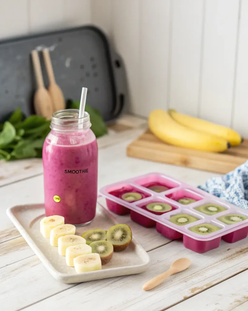Pink smoothie in a jar with sliced banana, kiwi, and smoothie ice pops on the side.