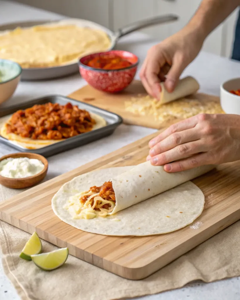 Hands rolling a tortilla filled with cheese and a savory meat mixture on a wooden board.