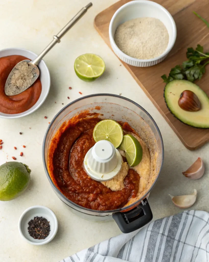 Ingredients for chipotle breakfast sauce in a food processor with lime and avocado nearby.