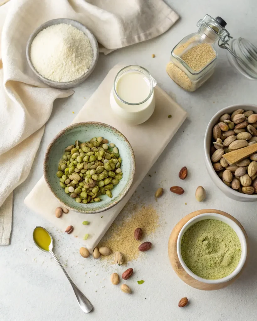 Flat lay of pistachio cream ingredients arranged neatly on a light kitchen surface.