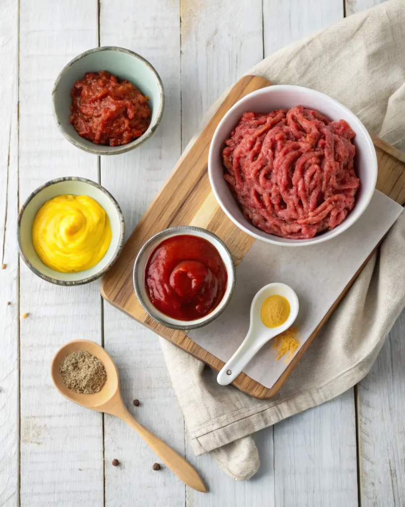 Alt Text:
Raw ground beef, ketchup, and mustard arranged with spices on a wooden surface.