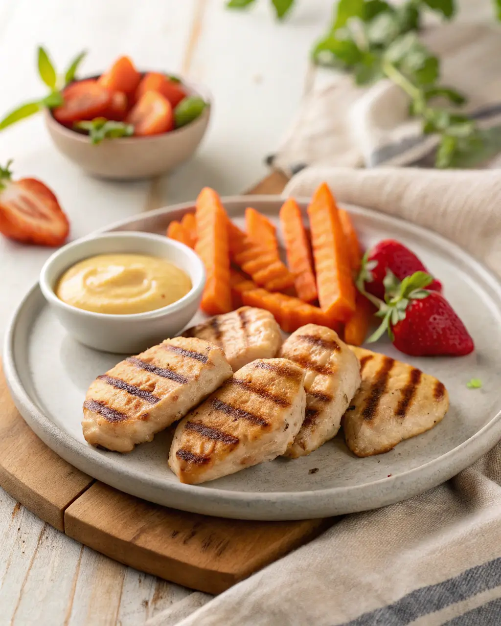 Grilled chicken nuggets served with sweet potato fries, strawberries, and dipping sauce.