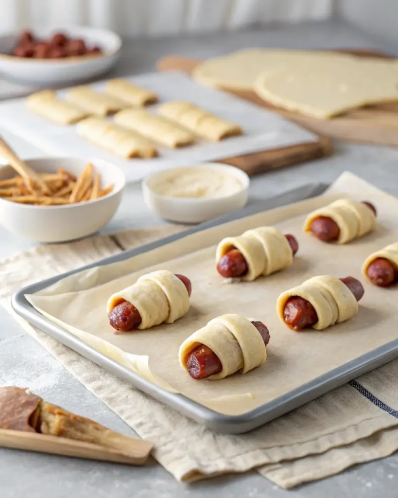 Unbaked little smokies wrapped in dough, arranged on a baking tray.