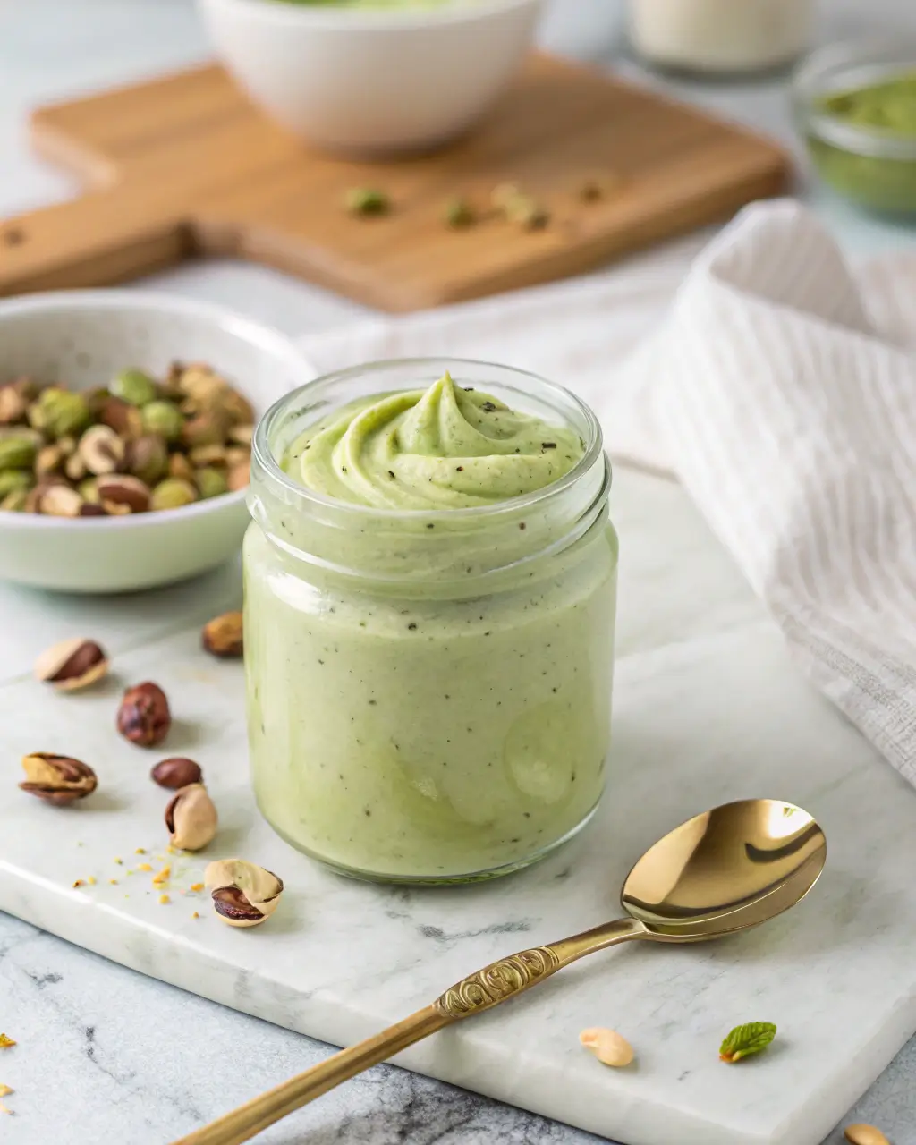 A glass jar filled with creamy homemade pistachio spread sits on a marble board.