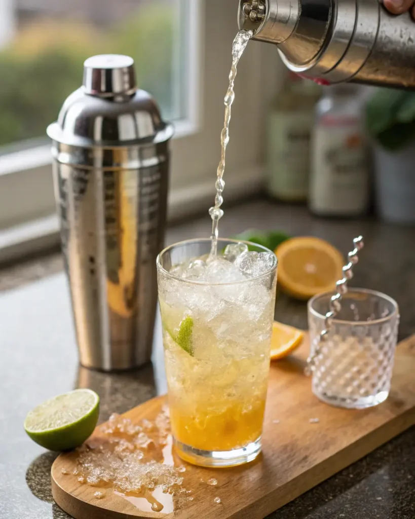 A cocktail shaker pours liquid into a glass with crushed ice, lime, and orange juice.
