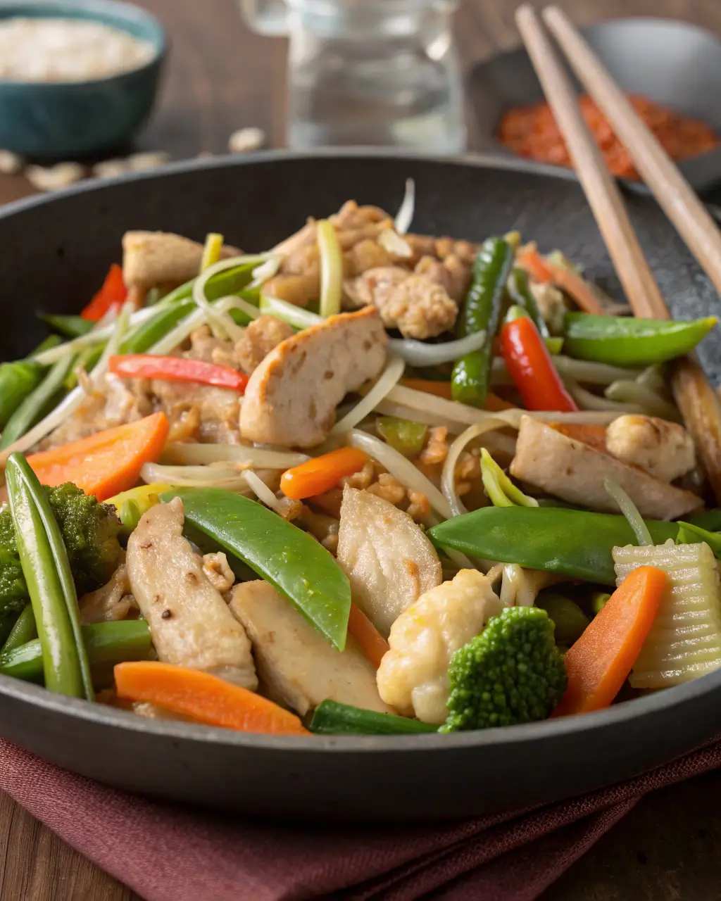 Colorful Filipino chopsuey with chicken, carrots, snap peas, and mixed vegetables in a bowl.