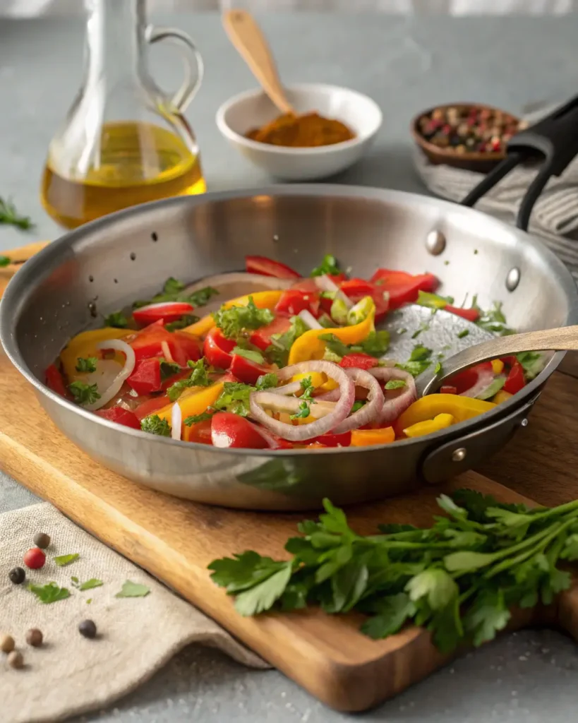 Colorful sliced peppers, onions, and parsley sautéing in a stainless steel pan.