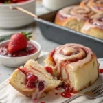 A glazed strawberry cinnamon roll pulled apart to reveal gooey jam and soft dough.