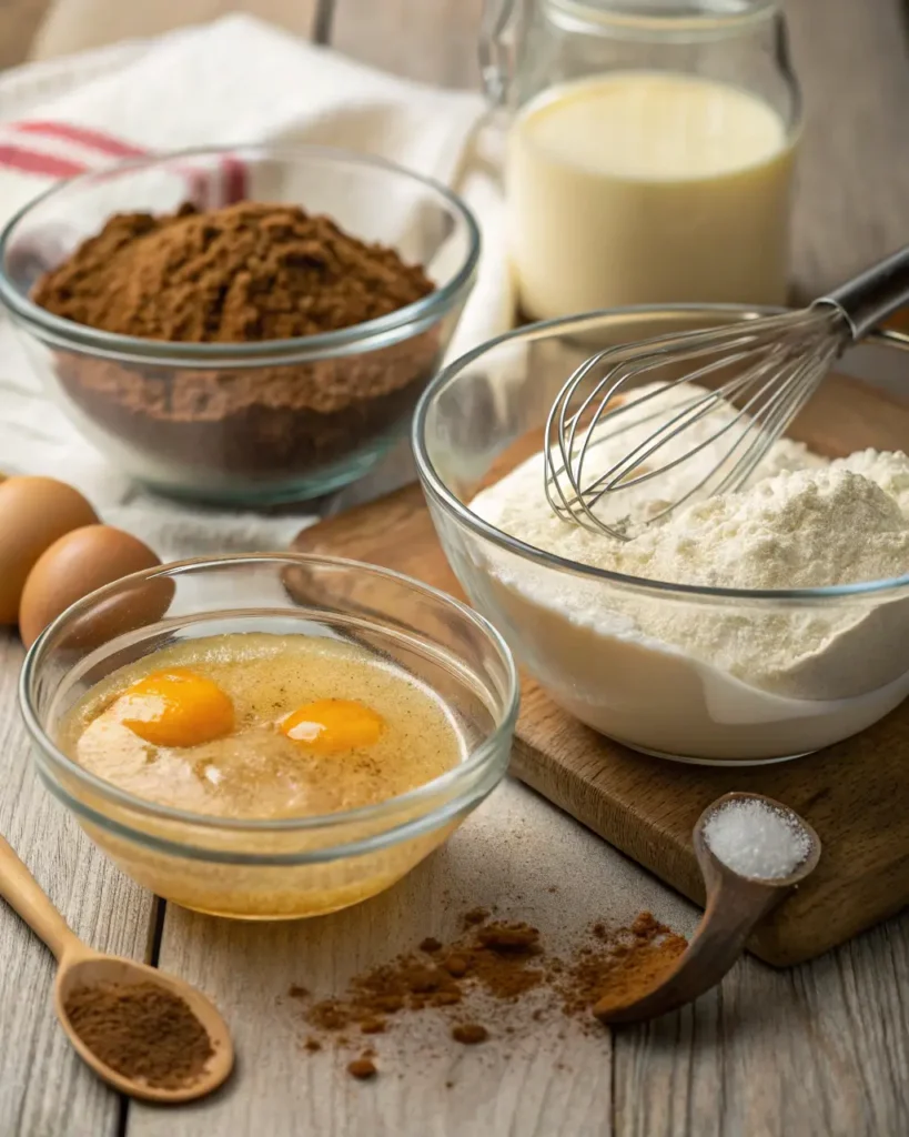 Bowl of sugar pie filling being whisked among baking ingredients on a wooden counter.