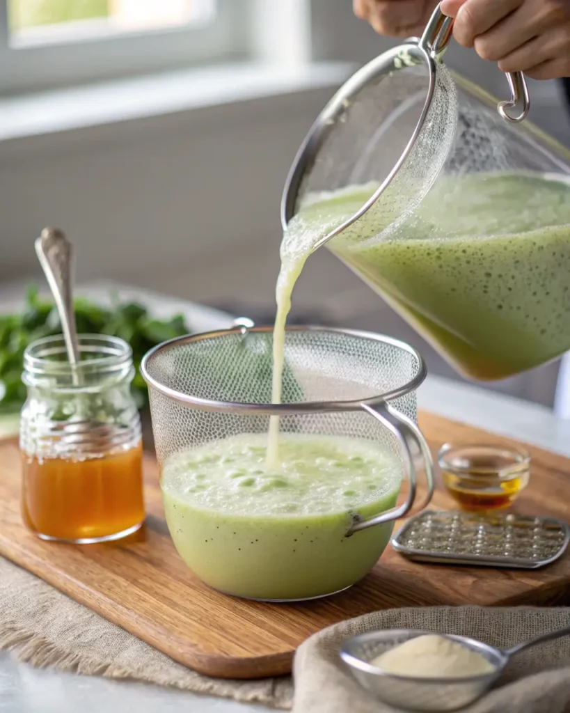 Green juice being poured through a fine mesh strainer with honey and ingredients nearby.