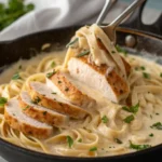Fork twirling fettuccine Alfredo with grilled chicken slices and fresh parsley.