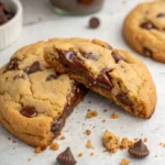 Close-up of a soft chocolate chip cookie broken in half showing gooey melted chocolate inside