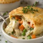 Creamy chicken pot pie with biscuits, peas, and carrots in white bowl
