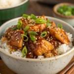 Sticky Asian chicken over steamed rice topped with sesame seeds and green onions