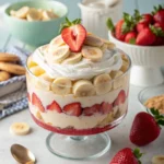 Glass trifle filled with layered strawberry banana pudding topped with whipped cream and fruit slices.