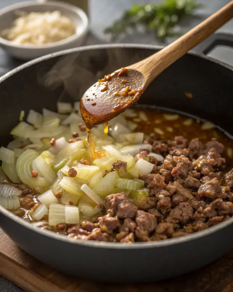 Ground beef being cooked with onions and chili seasoning in a skillet.