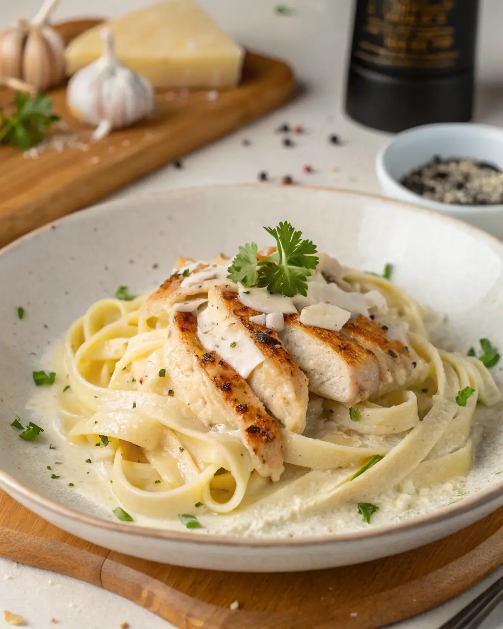 Plate of creamy Chicken Alfredo with fettuccine, grilled chicken, and fresh parsley garnish.
