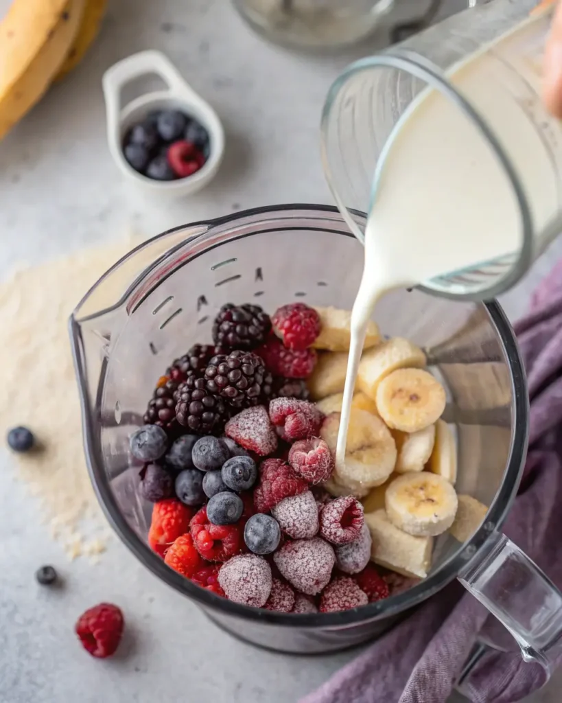 Milk being poured over frozen berries and banana slices in a blender jar.