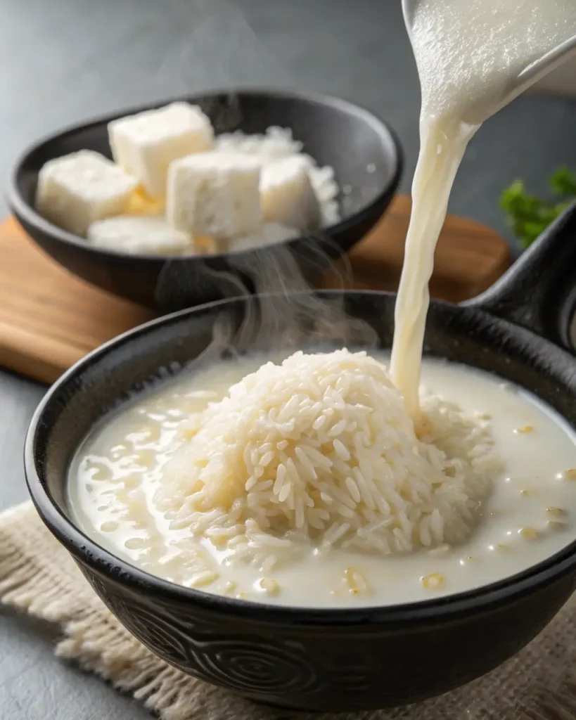 Steaming jasmine rice being cooked in milk in a black pot, with cubes of butter in the background.